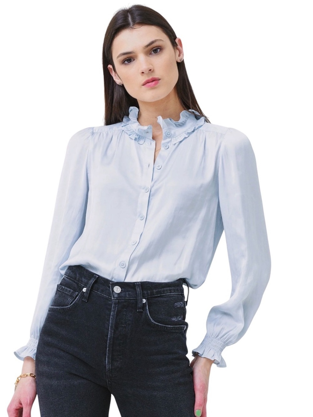Zadig & Voltaire Light Blue satin Ruffle-Neck Button Blouse smock cuff large